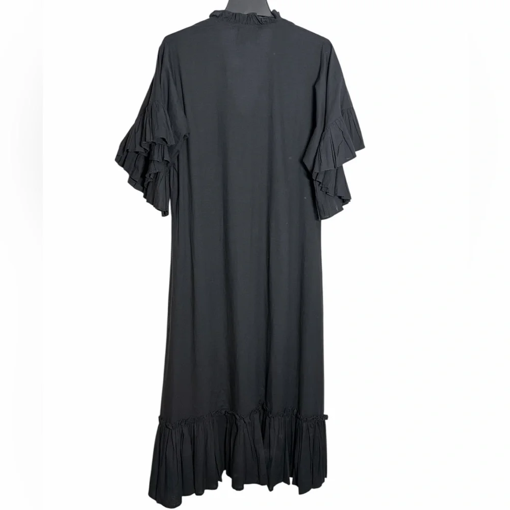 LIDO Black Cotton Ruffle Statement Sleeve Maxi Dress M/L Medium Large - Picture 2 of 5